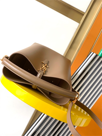 Y.S.L LE 37 Small In Burgundy Shiny Leather Brown Bucket Bag