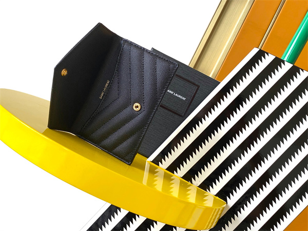Y.S.L CASSANDRE MATELASS?? FRAGMENTS FLAP CARD CASE IN GRAIN DE POUDRE LEATHER Gold Tone Metal Black