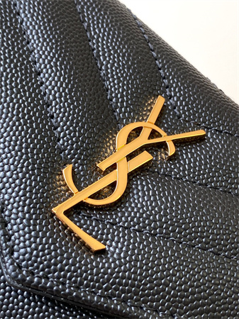 Y.S.L CASSANDRE MATELASS?? FRAGMENTS FLAP CARD CASE IN GRAIN DE POUDRE LEATHER Gold Tone Metal Black