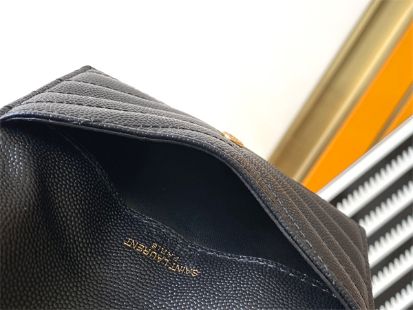 Y.S.L CASSANDRE MATELASS?? FRAGMENTS FLAP CARD CASE IN GRAIN DE POUDRE LEATHER Gold Tone Metal Black