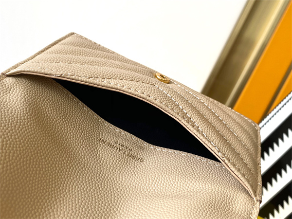 Y.S.L CASSANDRE MATELASS?? FRAGMENTS FLAP CARD CASE IN GRAIN DE POUDRE LEATHER Gold Tone Metal Beige