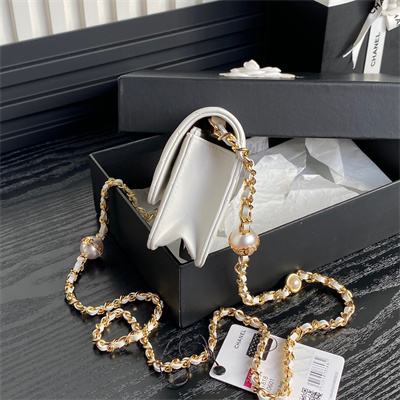 Ch*el flap phone holder with chain shiny lambskin, imitation pearls & gold-tone metal white ap4284
