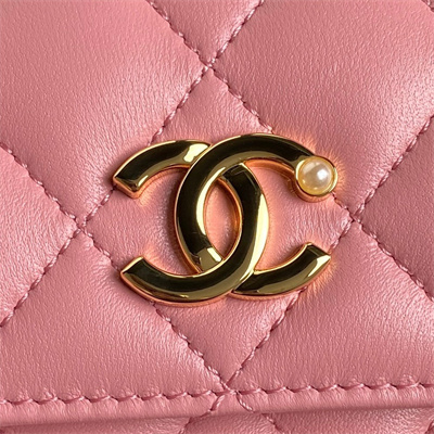 Ch*el flap phone holder with chain shiny lambskin, imitation pearls & gold-tone metal pink ap4284