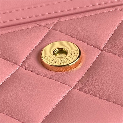 Ch*el flap phone holder with chain shiny lambskin, imitation pearls & gold-tone metal pink ap4284