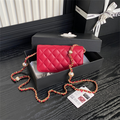Ch*el flap phone holder with chain shiny lambskin, imitation pearls & gold-tone metal red ap4284