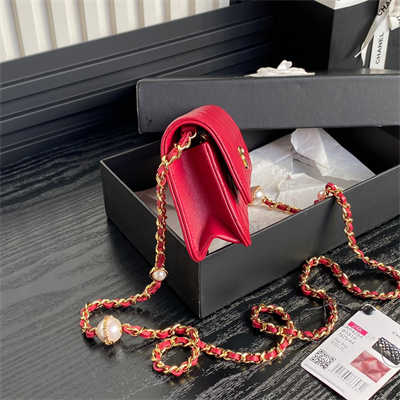Ch*el flap phone holder with chain shiny lambskin, imitation pearls & gold-tone metal red ap4284