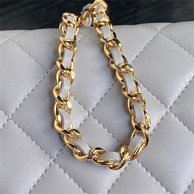 Ch*el flap phone holder with chain shiny lambskin, imitation pearls & gold-tone metal grey ap4284