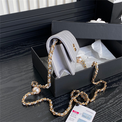 Ch*el flap phone holder with chain shiny lambskin, imitation pearls & gold-tone metal grey ap4284