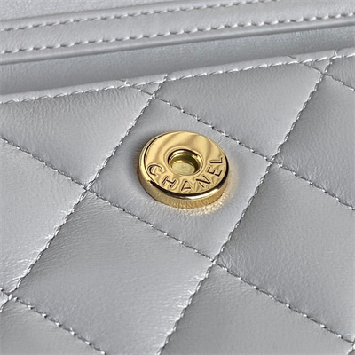 Ch*el flap phone holder with chain shiny lambskin, imitation pearls & gold-tone metal grey ap4284