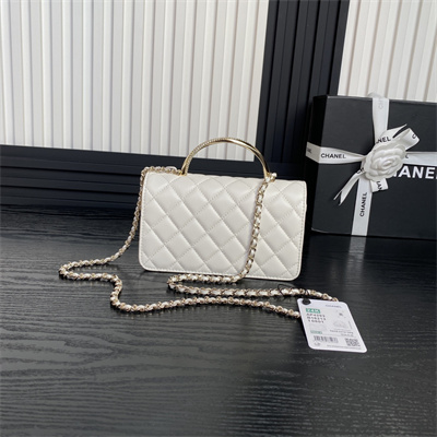 Ch*el clutch with chain lambskin, strass & gold-tone metal white ap4293