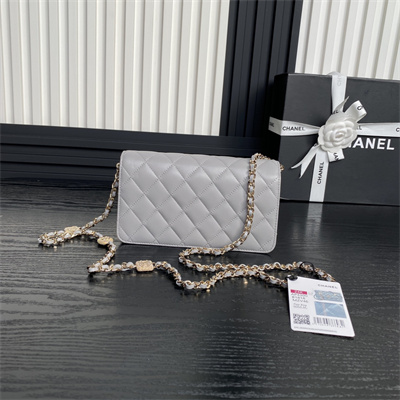Ch*el clutch with chain lambskin, strass & gold-tone metal grey ap4300
