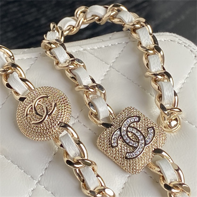 Ch*el small vanity with chain lambskin, strass & gold-tone metal white ap4302