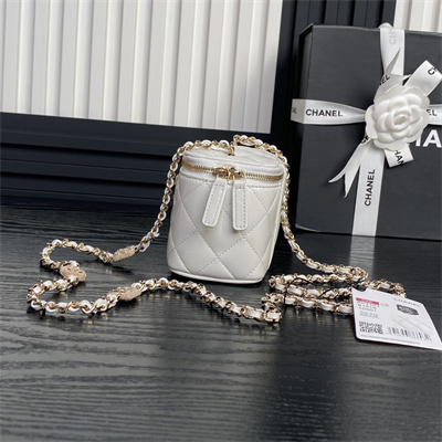 Ch*el small vanity with chain lambskin, strass & gold-tone metal white ap4302