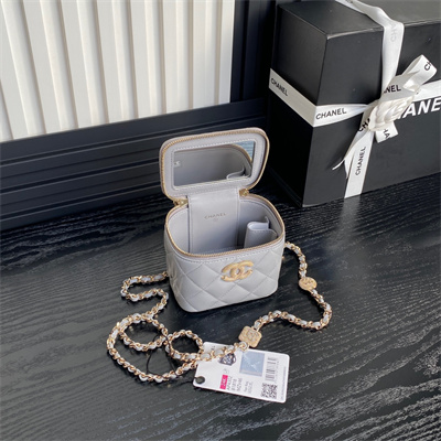 Ch*el small vanity with chain lambskin, strass & gold-tone metal grey ap4302