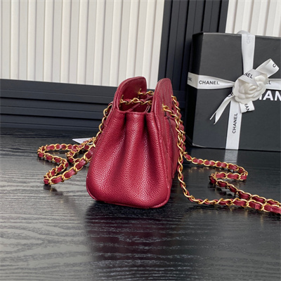 Ch*el small bowling bag grained calfskin gold tone metal burgundy as5137
