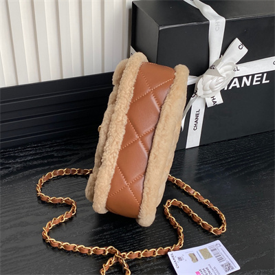 Ch*el mini flap bag shearling lambskin & gold-tone metal beige/brown as5148