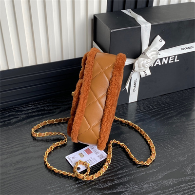Ch*el mini flap bag shearling lambskin & gold-tone metal brown as5148