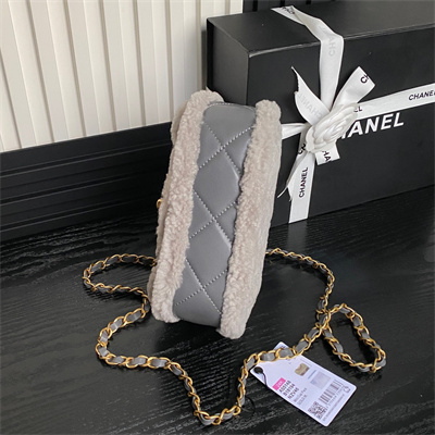 Ch*el mini flap bag shearling lambskin & gold-tone metal grey as5148