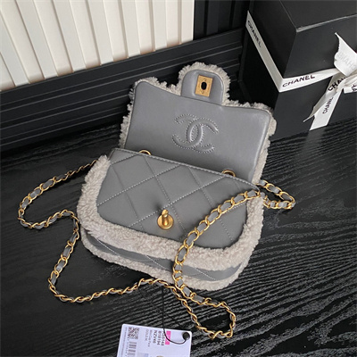 Ch*el mini flap bag shearling lambskin & gold-tone metal grey as5148