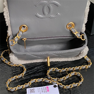 Ch*el mini flap bag shearling lambskin & gold-tone metal grey as5148