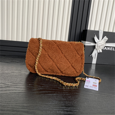 Ch*el flap bag shearling lambskin & gold-tone metal brown as5149