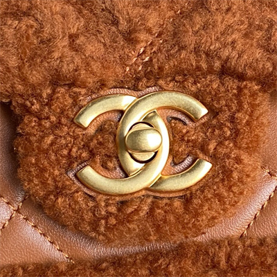 Ch*el flap bag shearling lambskin & gold-tone metal brown as5149