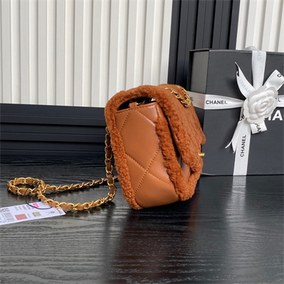 Ch*el flap bag shearling lambskin & gold-tone metal brown as5149