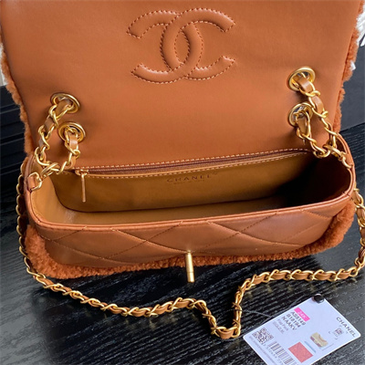 Ch*el flap bag shearling lambskin & gold-tone metal brown as5149