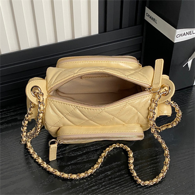 Ch*el small camera case shiny crumpled lambskin & gold-tone metal beige as5220