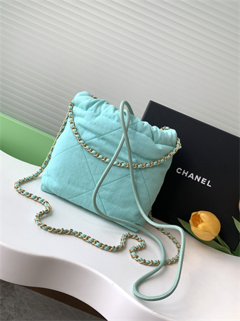 Ch*el 22 mini handbag canvas and gold tone metal green as3980