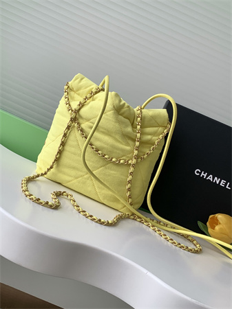 Ch*el 22 mini handbag canvas and gold tone metal yellow as3980