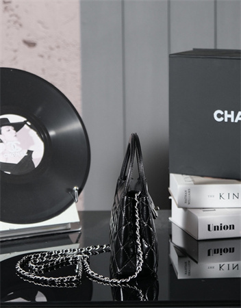 Cha.nel Mini Shopping Bag Kelly Bag Shiny Aged Calfskin Silver-Tone Metal Black AS4416