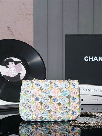 Cha.nel 24A Mini Flap Bag Flowers Sequins & Gold-Tone Metal White