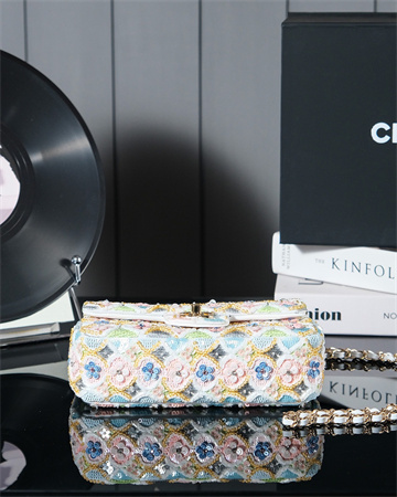 Cha.nel 24A Mini Flap Bag Flowers Sequins & Gold-Tone Metal White
