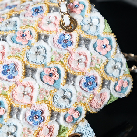 Cha.nel 24A Mini Flap Bag Flowers Sequins & Gold-Tone Metal White