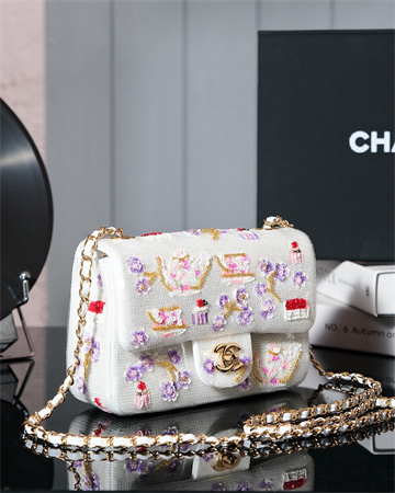 Cha.nel 24A Mini Flap Bag Sequins & Gold-Tone Metal White