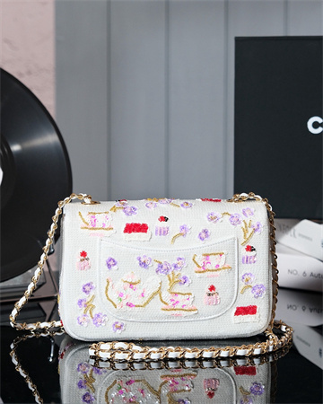 Cha.nel 24A Mini Flap Bag Sequins & Gold-Tone Metal White