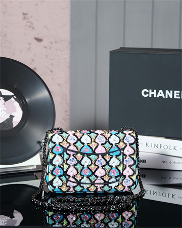 Cha.nel 24A Mini Flap Bag Sequins & Gold-Tone Metal Black