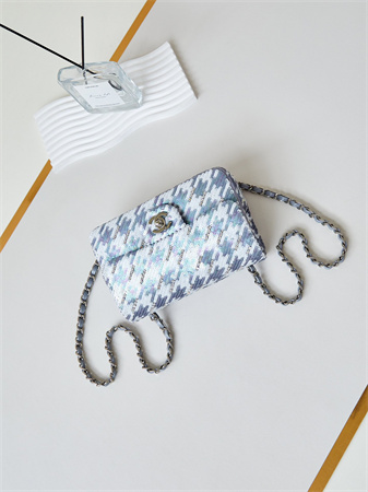 Cha.nel Mini Classic Handbag Sequins and Silver Tone Metal Grey,White &Gold A69900