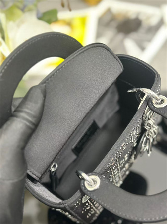 cd mini lady D*or bag satin with crystal cannage silver tone metal black