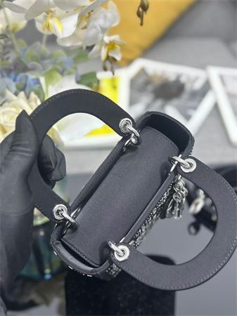 cd mini lady D*or bag satin with crystal cannage silver tone metal black