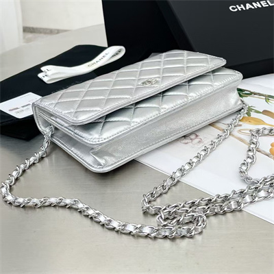 Ch*el wallet on chain lambskin silver tone metal silver ap0250