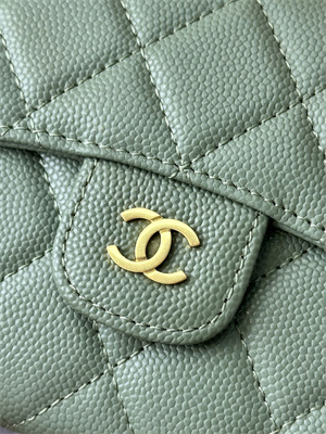 Ch*el small flap wallet tri-fold grained calfskin gold tone metal green a82288