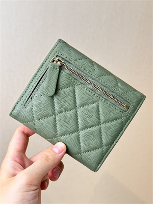Ch*el small flap wallet tri-fold grained calfskin gold tone metal green a82288