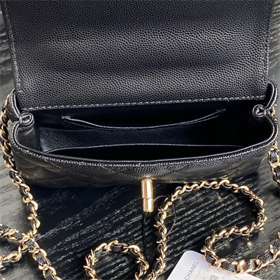 Ch*el clutch with chain grained calfskin & gold-tone metal black ap4244