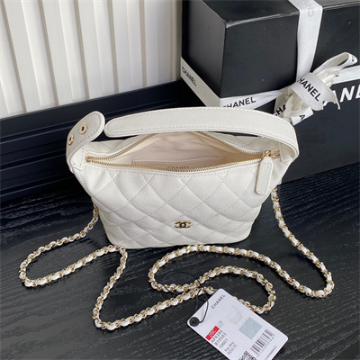 Ch*el small hobo bag grained calfskin & gold-tone metal white ap4386