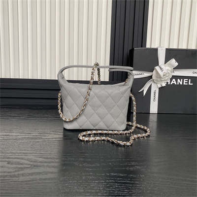 Ch*el small hobo bag grained calfskin & gold-tone metal grey ap4386
