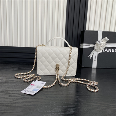 Ch*el clutch with chain grained calfskin & gold-tone metal white ap4406