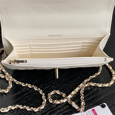 Ch*el clutch with chain grained calfskin & gold-tone metal white ap4406