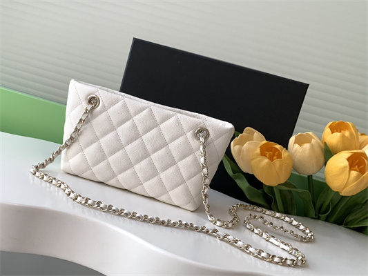 Ch*el clutch with chain grained calfskin & gold-tone metal white ap4423